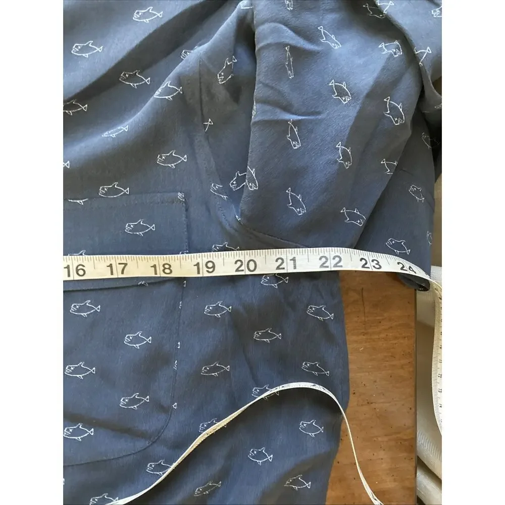 Adriano Goldschmied‎ Alena Silk Shirt Women's Sz L Navy Snap Fish Shark Print - Picture 10 of 11